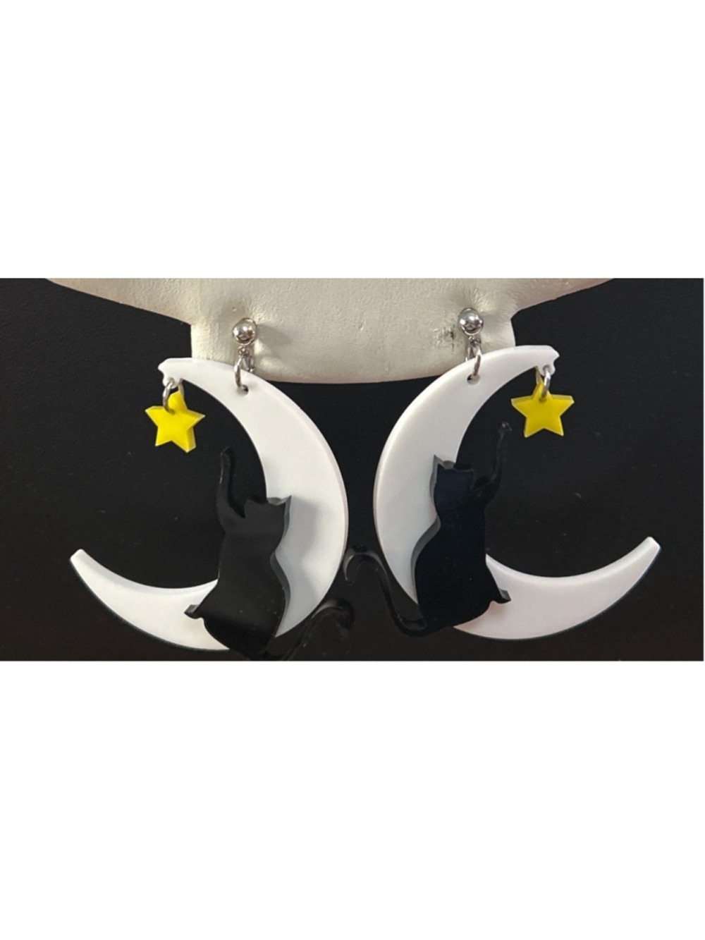 Women's WOOYAS Moon and Cat Drop Earrings in White and Black, One Size